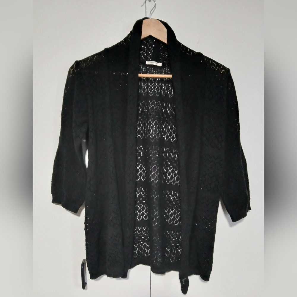 Comfort Basic Wonen's Black Openwork Knit Cardigan Boho Layering Piece Lg
